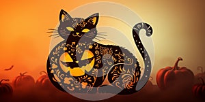 Spooky black cat silhouette with pumpkin
