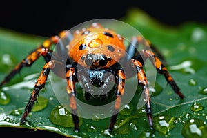 Spooky black orange spider sits on wet leaf on dark background, macro view. Close up portrait of scary wild small animal like