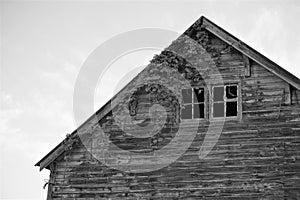 Spooky broken windows of rustic wooden barn