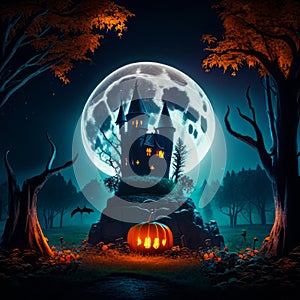 Spooky the castle pumkin in a magical glowing forest haloween theme