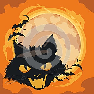 Spooky Cat with Bats and Ghosts in classic orange Halloween Back