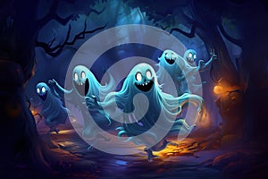 Spooky yet cute smiling ghrost haunting dark moonlit forest in Halloween night. Cartoon illustration, generative AI