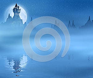 Spooky and dark castle and the moon reflected in water