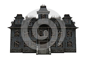 Spooky deserted old mansion house. 3D illustration isolated on white