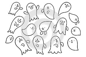 Spooky doodle ghosts with black outline, vector set