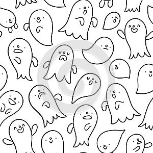 Spooky doodle outline ghosts vector pattern