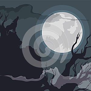 Spooky Forest Night with Wolf Howling to the Full Moon, Vector Illustration