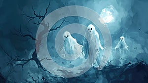 Spooky forest scene with ghostly figures and a cloaked person