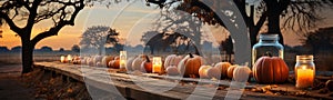 Fall harvest pumpkins outside on a country farm table - generative AI