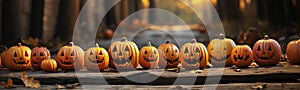 Fun collection of dozens of Halloween carved pumpkins outside on Hallows Eve - generative AI photo