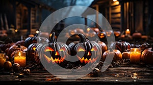 Scary Halloween collection of dozens of carved pumpkins outside on Hallows Eve - generative AI photo