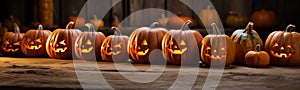 Fun collection of dozens of Halloween carved pumpkins outside on Hallows Eve - generative AI photo