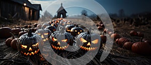 Spooky fun collection of dozens of Halloween carved pumpkins outside on Hallows Eve - generative AI photo