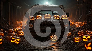 Spooky collection of dozens of Halloween carved pumpkins surrounding and old scary truck outside in the moonlight on photo