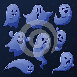 Spooky ghost. Cartoon ghosts, ghostly shadows or spirits. Funny cute transparent phantom, halloween scary flying and