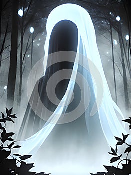 spooky ghost in dark forest, halloween background, Ai Generated