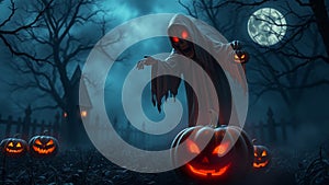 Spooky ghost in a dark forest on Halloween