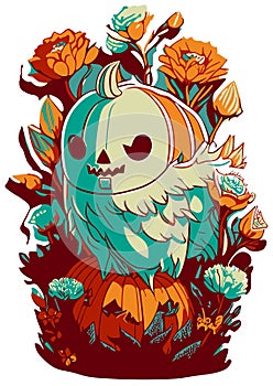 Spooky Ghost and Pumpkin Harvest for Halloween, vector illustration