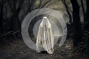 Spooky ghost shrouded in white sheet haunts a rustic trail