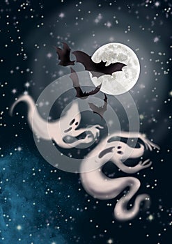 Spooky ghosts and bats Flying across the full moon digital illustration