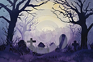 A spooky graveyard at night with tombstones, fog, and ominous moonlight Graveyard At Night Spooky Cemetery