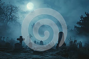 A spooky graveyard at night with tombstones, fog, and ominous moonlight Graveyard At Night Spooky Cemetery