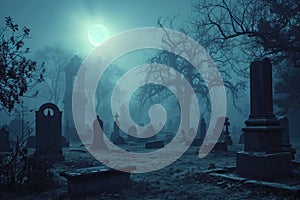 A spooky graveyard at night with tombstones, fog, and ominous moonlight Graveyard At Night Spooky Cemetery