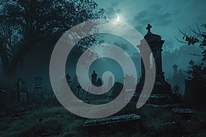 A spooky graveyard at night with tombstones, fog, and ominous moonlight Graveyard At Night Spooky Cemetery