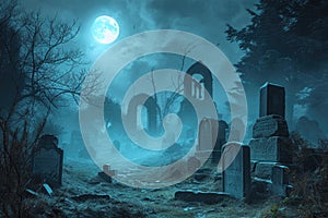 A spooky graveyard at night with tombstones, fog, and ominous moonlight Graveyard At Night Spooky Cemetery