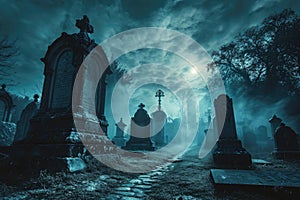 A spooky graveyard at night with tombstones, fog, and ominous moonlight Graveyard At Night Spooky Cemetery