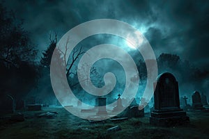 A spooky graveyard at night with tombstones, fog, and ominous moonlight Graveyard At Night Spooky Cemetery