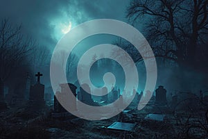 A spooky graveyard at night with tombstones, fog, and ominous moonlight Graveyard At Night Spooky Cemetery