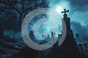 A spooky graveyard at night with tombstones, fog, and ominous moonlight Graveyard At Night Spooky Cemetery