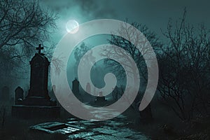 A spooky graveyard at night with tombstones, fog, and ominous moonlight Graveyard At Night Spooky Cemetery