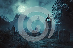 A spooky graveyard at night with tombstones, fog, and ominous moonlight Graveyard At Night Spooky Cemetery