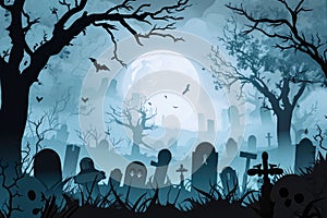 A spooky graveyard at night with tombstones, fog, and ominous moonlight Graveyard At Night Spooky Cemetery