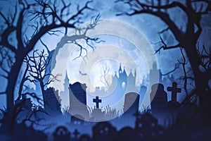 A spooky graveyard at night with tombstones, fog, and ominous moonlight Graveyard At Night Spooky Cemetery