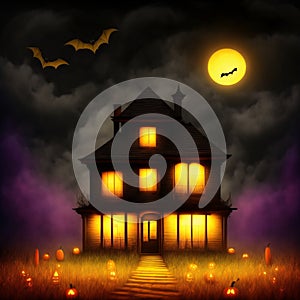 Spooky halloween background of ghost house with bats and jack-o-lanterns, digital