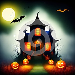 Spooky halloween background of ghost house with bats and jack-o-lanterns, digital