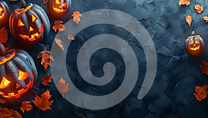 Spooky Halloween Background with Glowing Pumpkins and Autumn Leaves on Dark Textured Surface