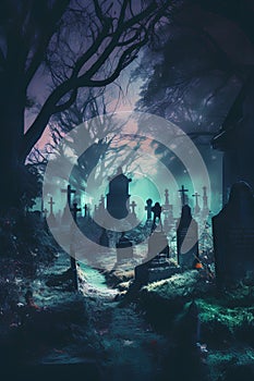 Spooky Halloween background with grave and graveyard. 3D rendering.