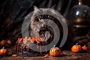 Spooky Halloween cake decorated with black cat and pumpkins on dark background, AI Generated