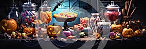 Spooky Halloween Candy, Treats and Sweets Table Trick-or-Treating Banner, Copy Space