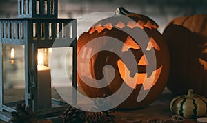 Spooky halloween carved pumpkin, jack o lantern