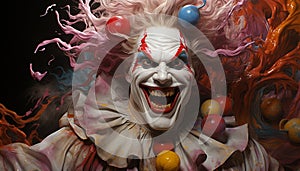 A spooky Halloween celebration with colorful, evil clown costumes generated by AI