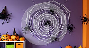 Spooky Halloween Decor Spider Web and Pumpkins
