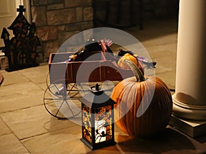 Spooky Halloween decorations, pumkins, lantern and spider
