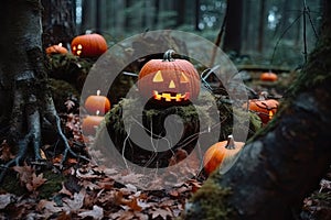 In a spooky Halloween forest, a carved pumpkin lantern with a funny and spooky face glows brightly in the dark