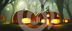 Spooky halloween forest with scary black trees and pumpkins on ground glow