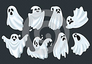 Spooky halloween ghost. Fly phantom spirit with scary face. Ghostly apparition in white fabric vector illustration set photo